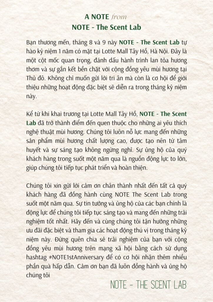 1 năm - sản phẩm mùi hương từ NOTE - The Scent Lab