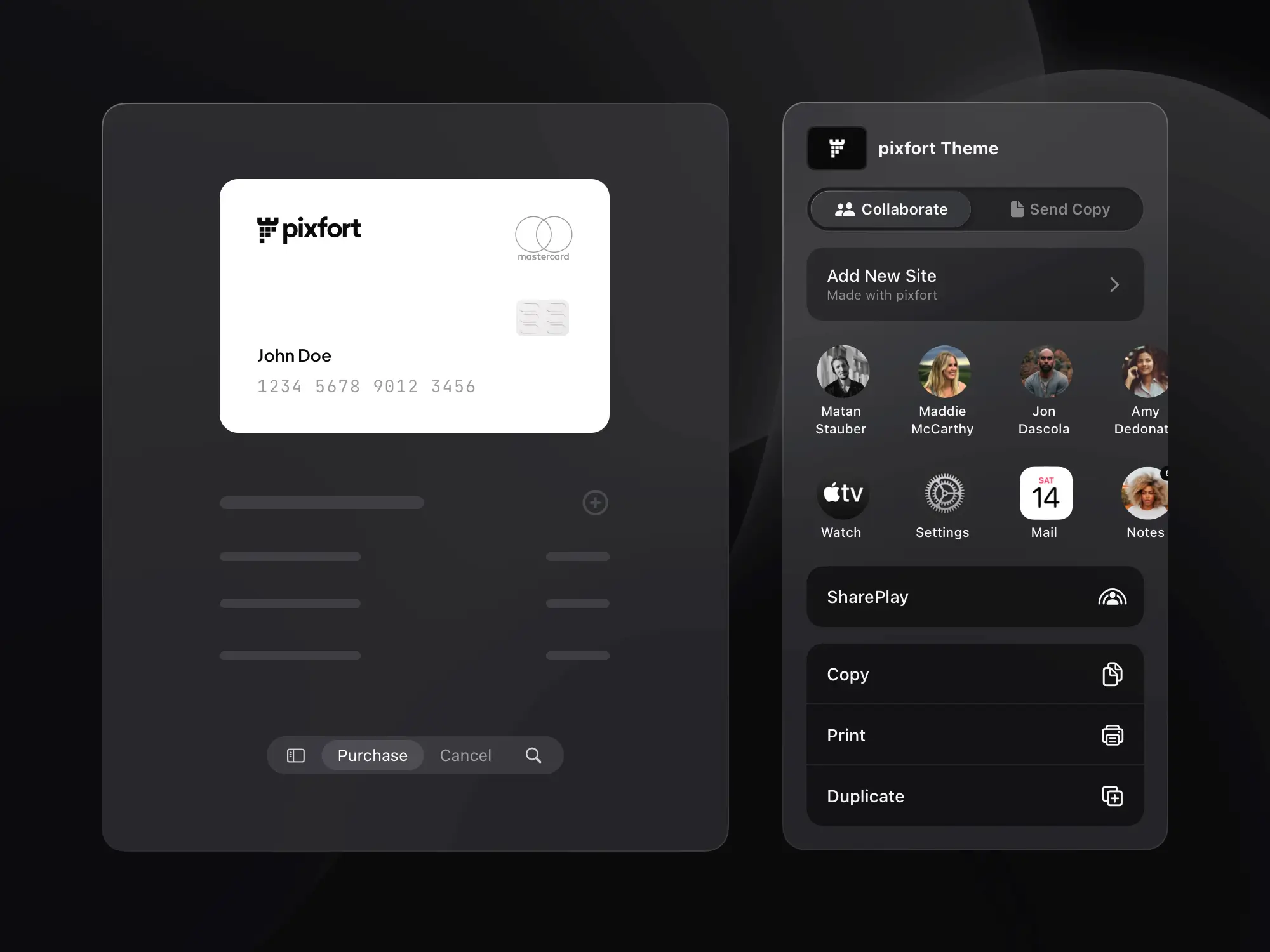 White Pixfort credit card with Mastercard logo and cardholder name John Doe on a dark UI card, right-side app menu visible