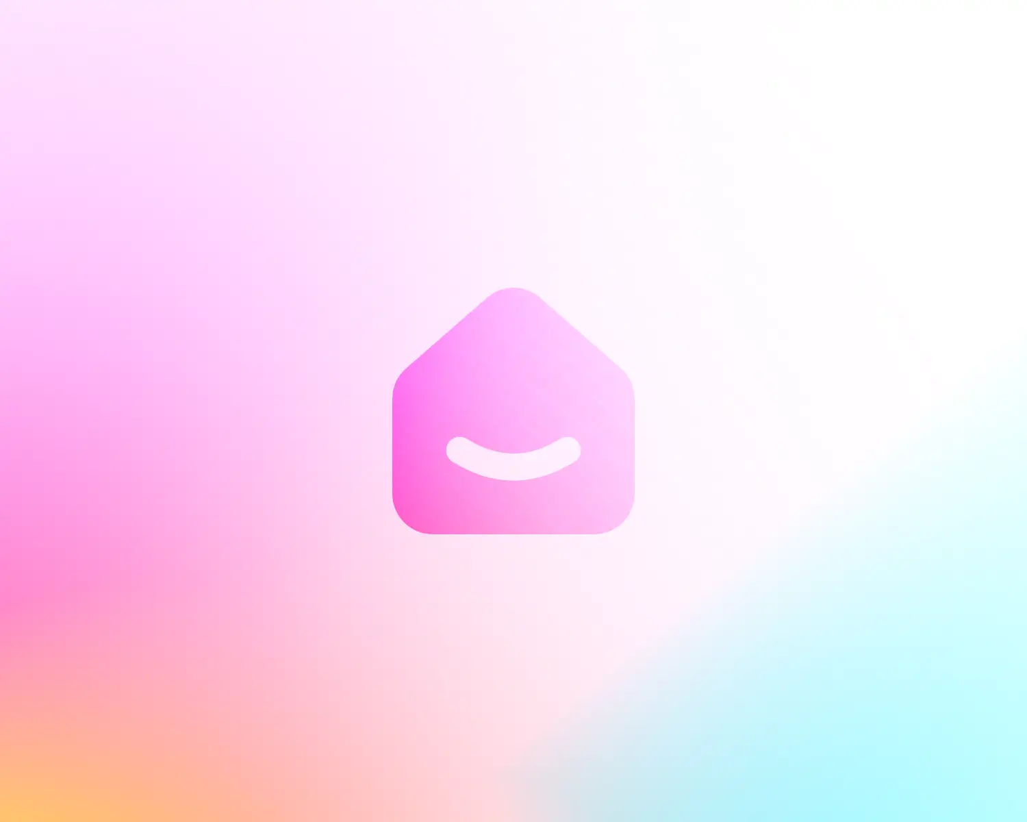 Pink gradient background with a rounded pink house-shaped icon featuring a white curved smile in the center.
