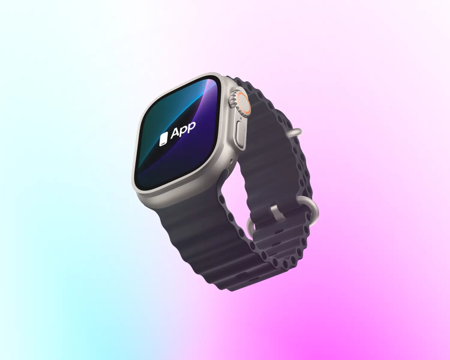 Smartwatch with a dark band showing an app icon on the screen, against a pastel gradient background