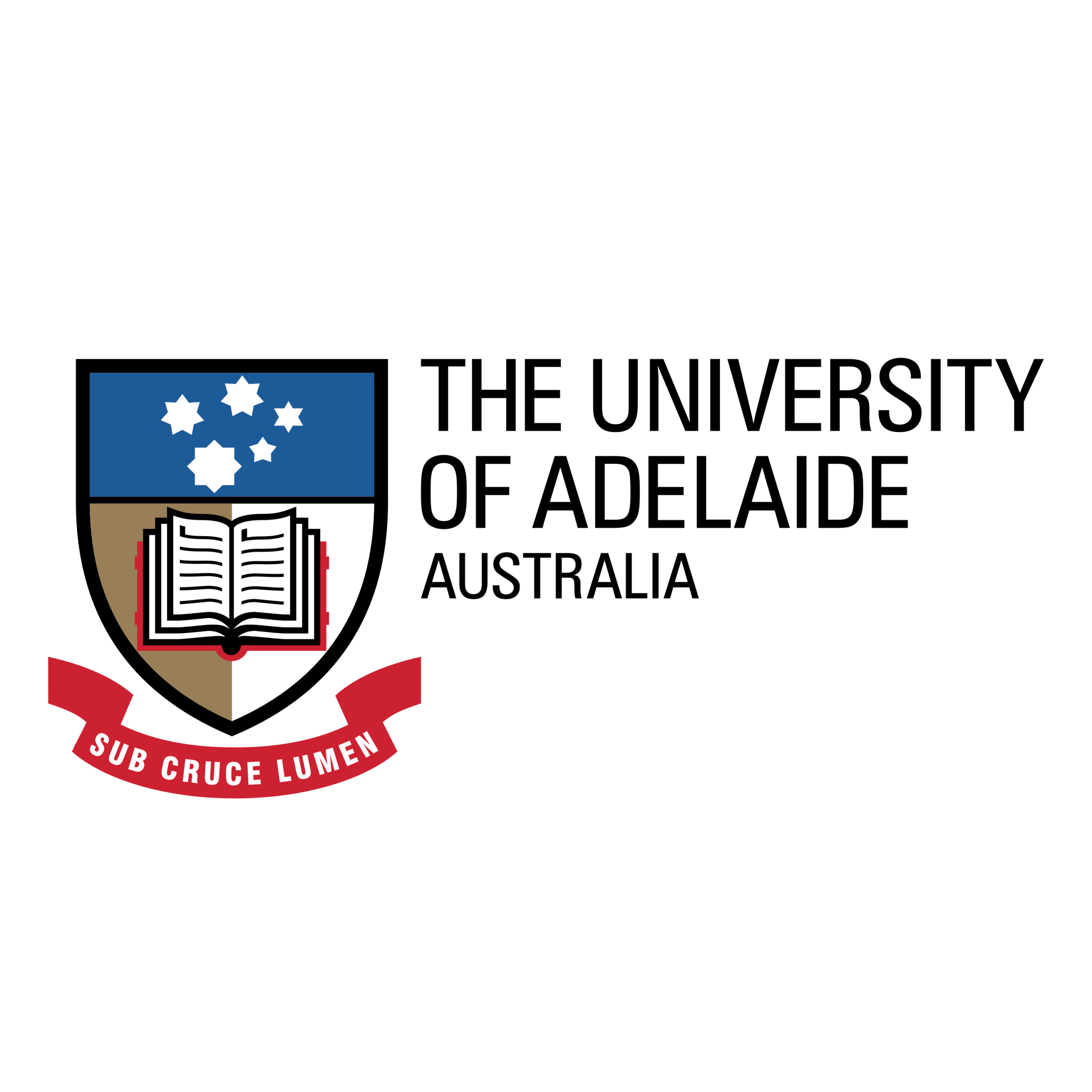 University crest: blue shield with white stars, open book emblem, and a red banner motto.